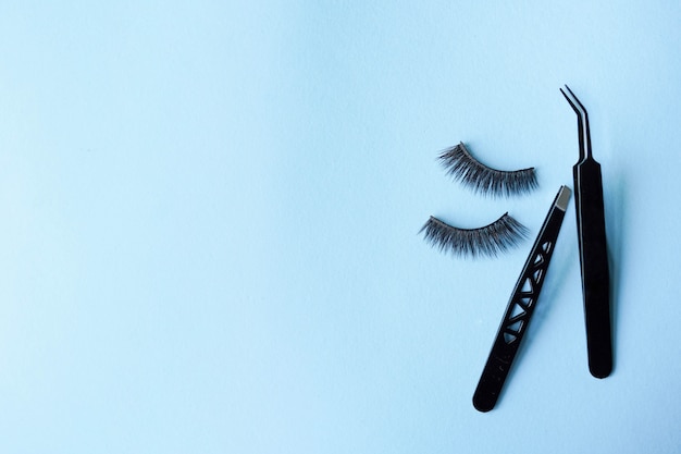 False eye lashes with two black tweezers on blue background with copy space Premium Photo