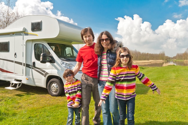 Family vacation, rv camper travel with kids, happy parents with ...