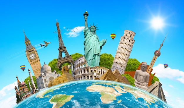 Famous landmarks of the world surrounding planet earth | Premium Photo