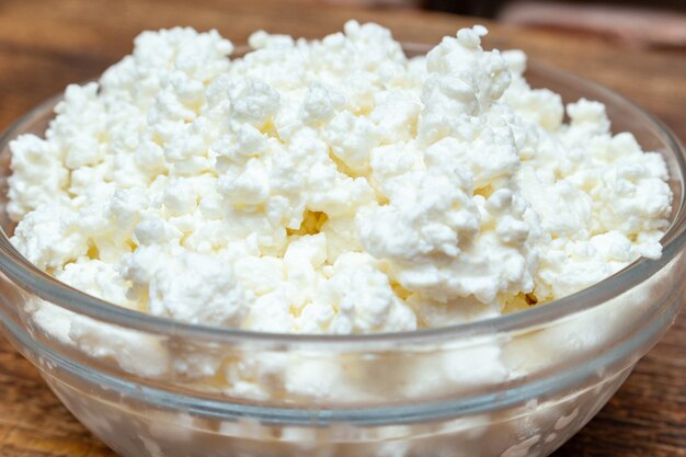 Farm Cottage Cheese Close Up On Wooden Background Protein Healthy