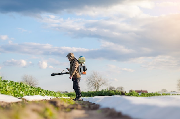 Premium Photo A Farmer Sprays Chemicals On A Potato Plantation Field