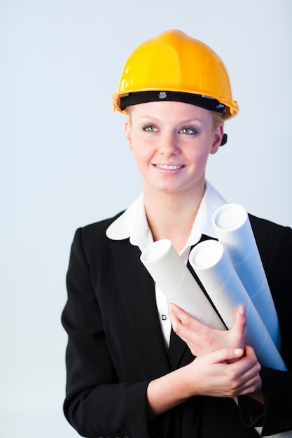 Premium Photo | Female constrcution worker with blueprints