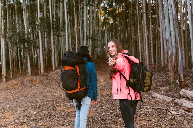 Free Photo | Female hiker gesturing while walking with her friend in forest