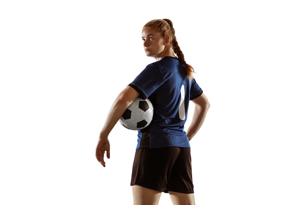 Premium Photo Female Soccer Football Player Posing Confident With Ball Isolated On White 0399