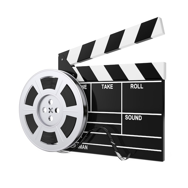 Premium Photo Film Reel With Cinema Tape Near Clapboard On A White