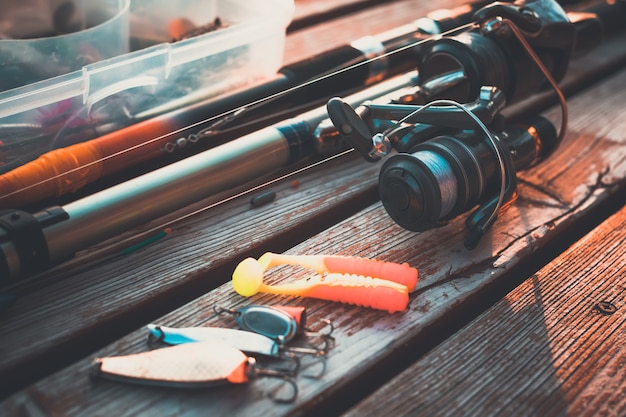 Premium Photo | Fishing rod and baits