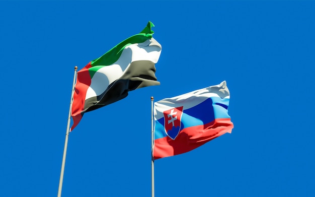 Premium Photo | Flags of slovakia and uae arab emirates on blue sky. 3d ...