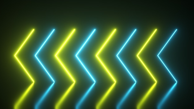 点滅する明るいネオン矢印が点灯し 外に出て 反射床の方向を示します 抽象的な背景 レーザーショー 紫外ネオン青黄色光スペクトル 3 Dイラスト プレミアム写真