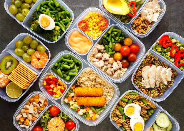 Premium Photo | Flat lay batch food cooked in recipients composition