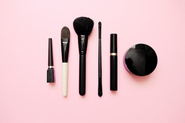 Premium Photo Flat Lay Of Female Fashion Makeup Products On Pastel Color Background