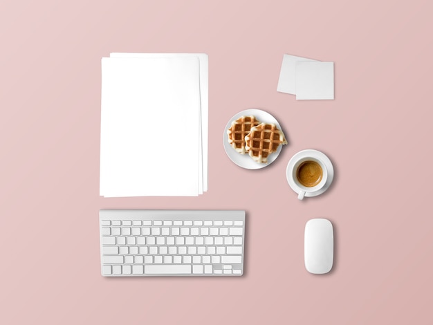 Flat Lay Office Desk Items In Concept Of Working With Coffee And