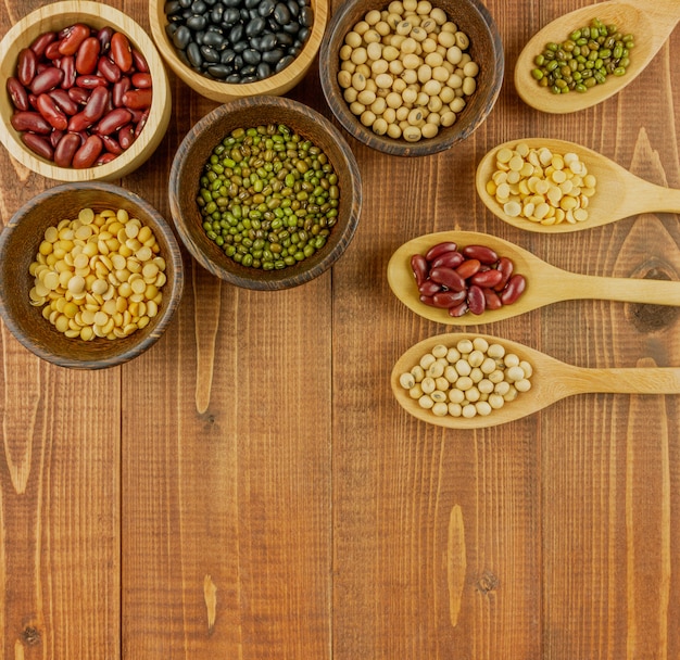 Flat lay,top view assorted beans including red bean Premium Photo