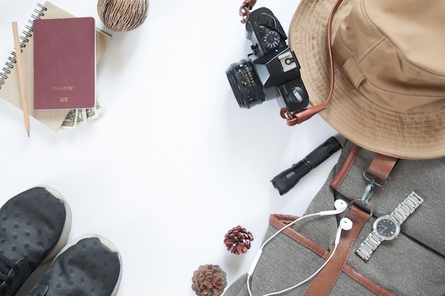 Premium Photo | Flat lay of travel accessories with camera and passport ...