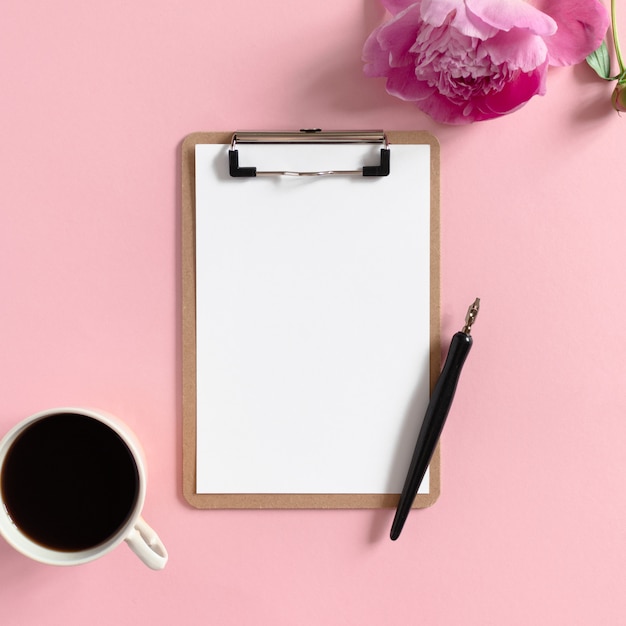 Download Flatlay of clipboard mockup, mug of coffee, calligraphy ...