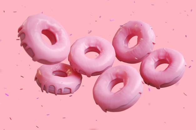 フライングピンク色のドーナツは ピンクの背景にチョコレートチップを振りかけた艶をかけられたドーナツです 3d プレミアム写真