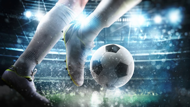 Premium Photo Football Scene At Night Match With Close Up Of A Soccer Player Running To Kick The Ball At The Stadium