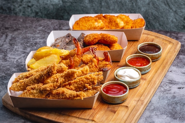 Four boxes of nuggets with chicken prawn cheese and fish with four sauce Free Photo