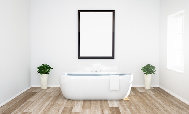 Download Frame mockup on a bathroom with warm water and wooden floor | Premium Photo