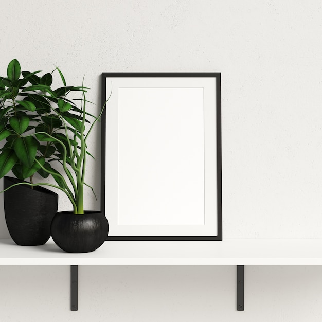 Download Frame mockup on white shelf with minimalist plant decoration | Premium Photo