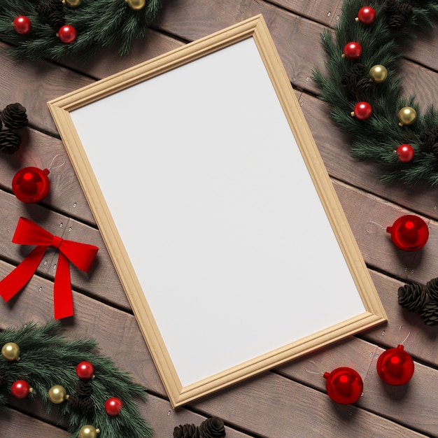 Download Frame mockup on wooden floor with christmas decoration ...