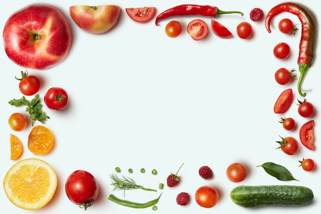 Premium Photo | Frame of vegetables and fruits on white background