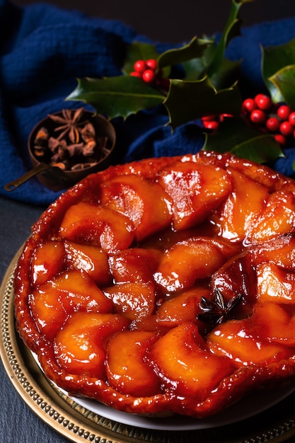 Premium Photo French Food Concept Homemade Upside Down Apple Caramel Pie Tarte Tatin Aux Pomme On Black Slate Stone Board With Copy Space