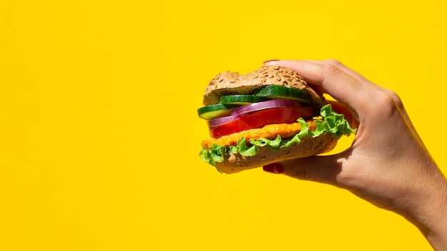 Fresh burger delicious with meat and veggie and copy-space Free Photo