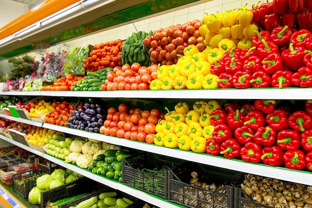 Premium Photo | Fresh Organic Vegetables And Fruits On Shelf In ...