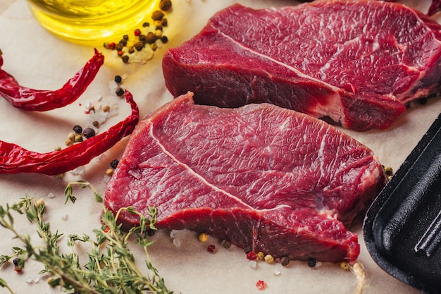 Premium Photo Fresh Raw Beef Meat Steak Slices With Spices And Olive Oil Ready For Cooking