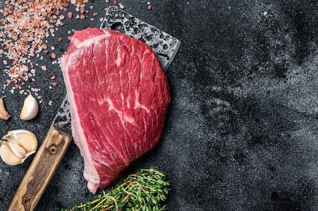 Premium Photo Fresh Raw Rump Beef Cut Or Top Sirloin Cap Steak On Butcher Cleaver