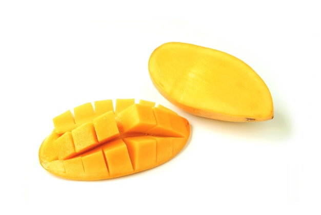 Premium Photo Fresh Ripe Mango Cut In Half And Crosswise Cut Isolated