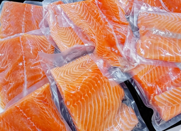 Fresh salmon in packing sell in supermarket Premium Photo
