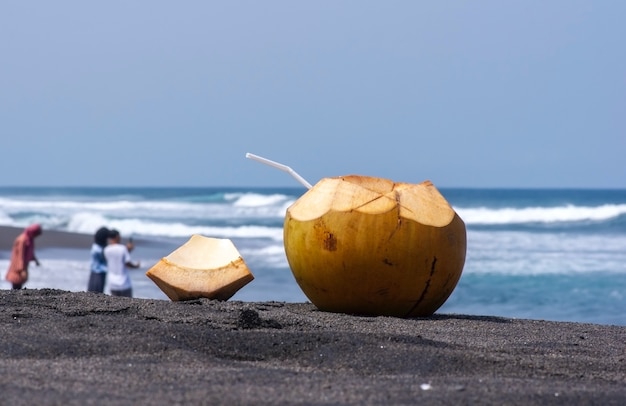 Premium Photo A Fresh Young Coconut Fruit On The Dark Sandy Beach In