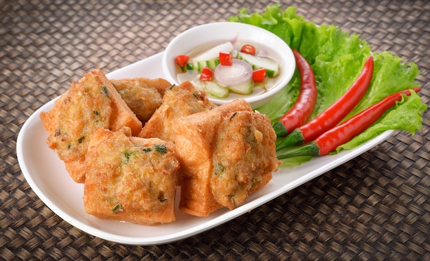 Fried bread with minced pork spread. thai food Photo | Premium ...