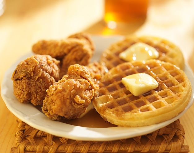 Premium Photo | Fried chicken and waffles on a plate