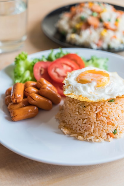 Fried rice with sausage and fried egg Premium Photo