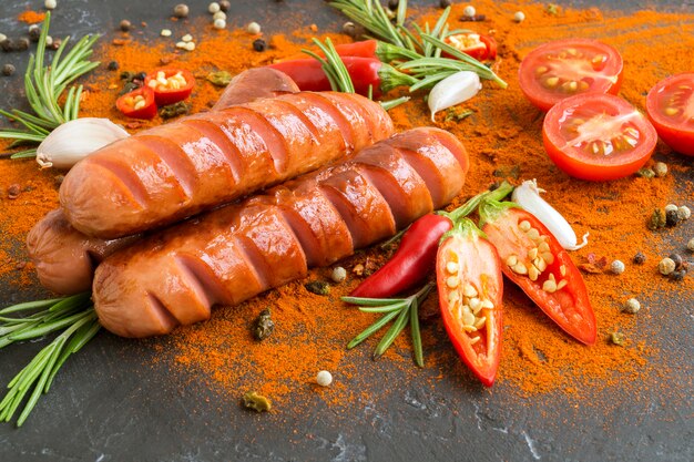 Premium Photo | Fried sausages with hot pepper and spices.