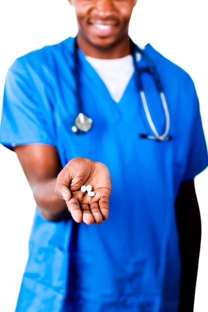 Premium Photo Friendly Doctor Holding Pills And Glass Of Water 2156