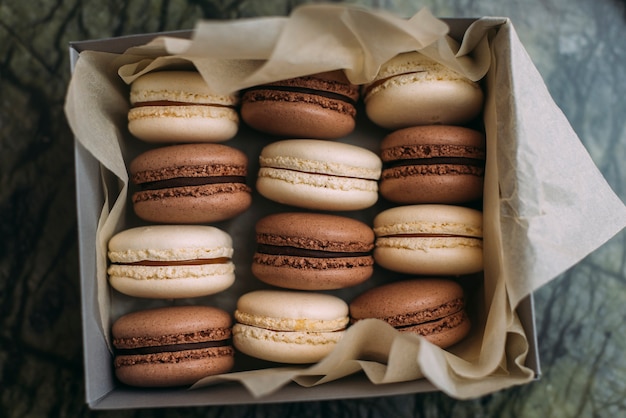 Premium Photo | From above box with fresh macaroons