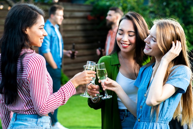 Free Photo | Front view happy girls toasting drinks