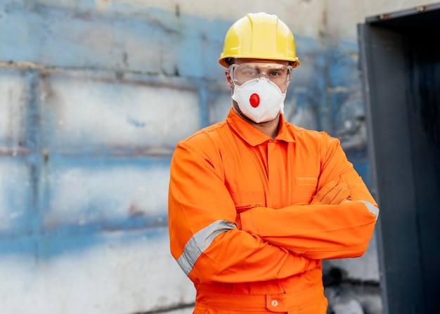 Free Photo | Front view of male laborer with hard hat and copy space