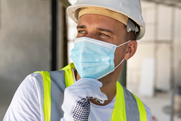 Free Photo | Front view worker in construction wearing protection gear