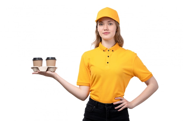 Download A front view young female courier female worker of food ...
