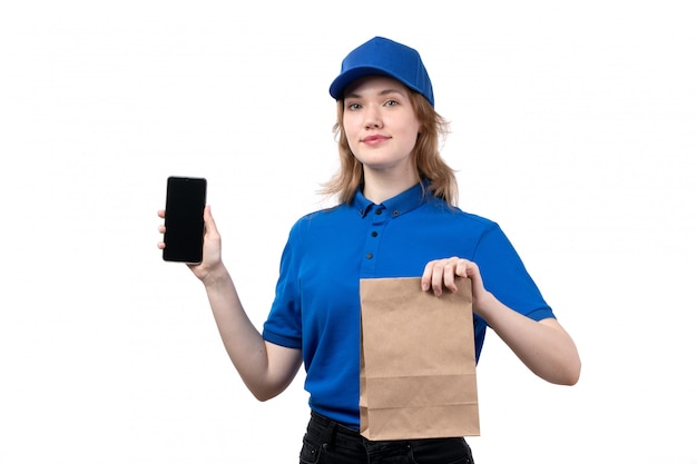 Download A front view young female courier female worker of food ...