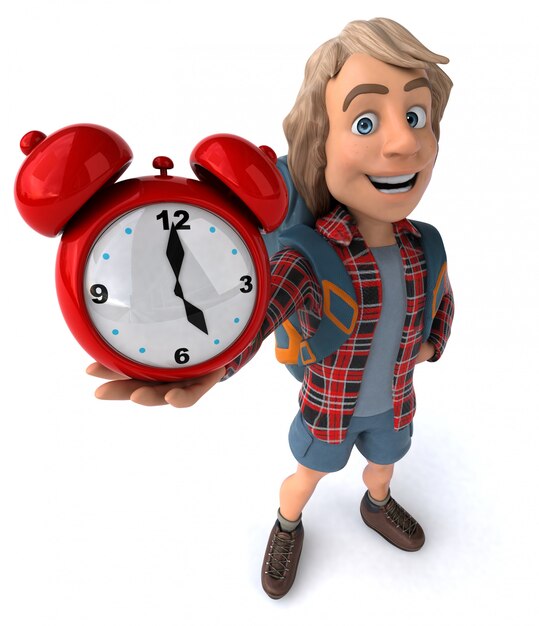 Fun Backpacker Cartoon Guy With Red Clock Premium Photo
