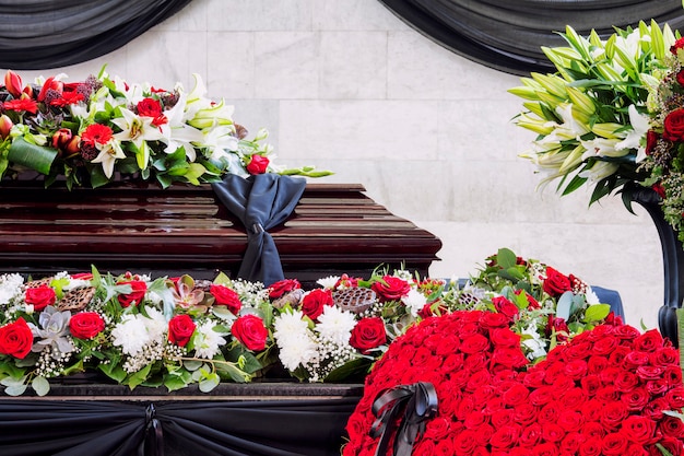 Funeral, beautifully decorated with flower arrangements coffin, close