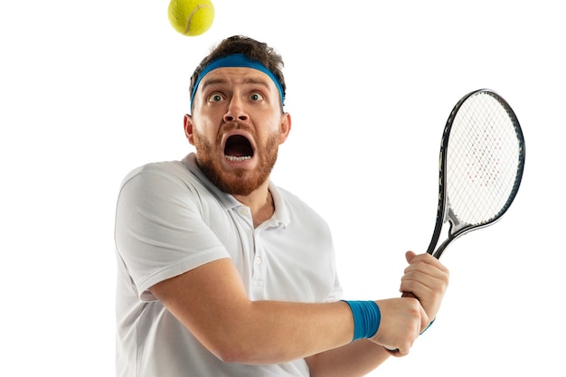 Free Photo Funny Emotions Of Professional Tennis Player Isolated On White Wall Excitement In Game