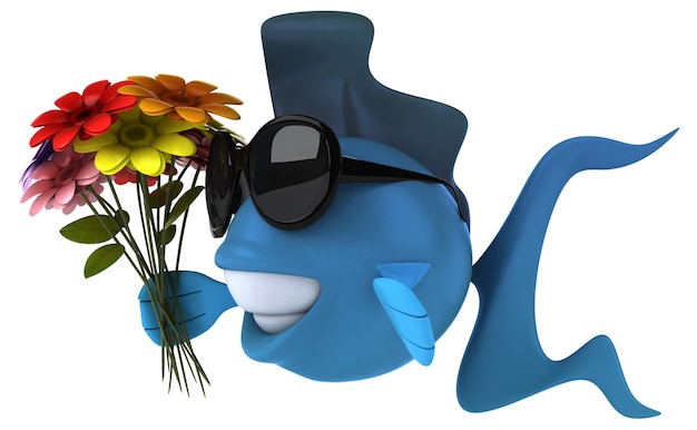 花束を持って面白いイラストの青い魚 プレミアム写真