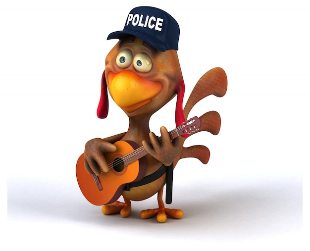 面白いイラスト入りの鶏と警察の帽子 ギター プレミアム写真