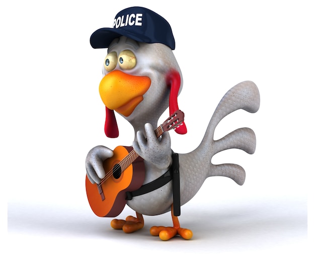 面白いイラスト入りの鶏と警察の帽子 ギター プレミアム写真